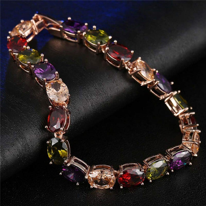 CiNily Tennis Bracelet Ladies Oval Multicolor Topaz Bracelets 18K Rose Gold Plated Luxury Rainbow Bracelet for Women 7" - Image 4