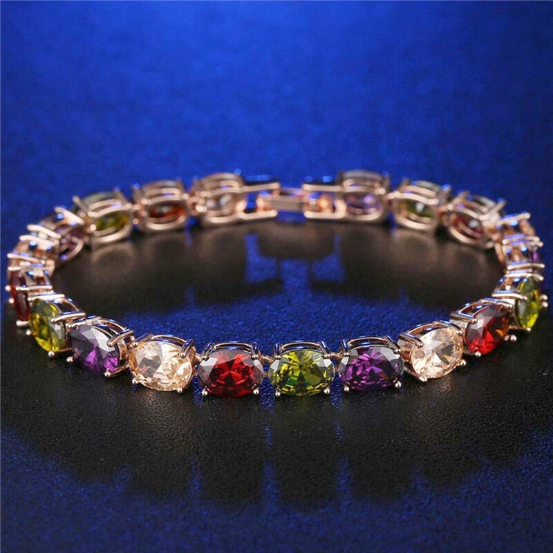 CiNily Tennis Bracelet Ladies Oval Multicolor Topaz Bracelets 18K Rose Gold Plated Luxury Rainbow Bracelet for Women 7" - Image 2