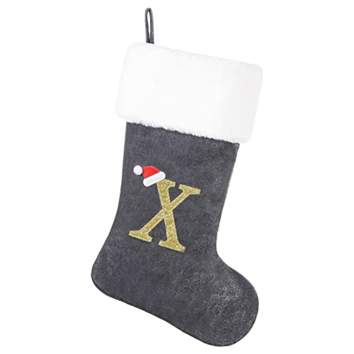 SIRIPHUM20 Inches Monogram Christmas Stocking Deluxe Grey Velvet Body with Super Soft Plush Cuff Embroidered Letter(X) - Image 1