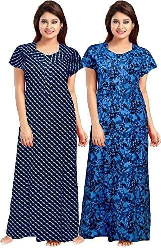 Vlazom Women's Pure Cotton Rajasthani Nighty & Jaipuri Maxi Gown – Pack of 2, Soft & Breathable Sleepwear (Blue&Blue, Free Size) - Image 1