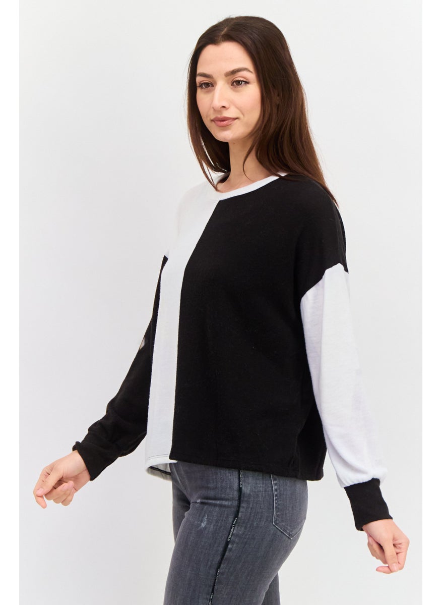 Aqua - Women Crew Neck Long Sleeves Colorblock Sweatshirt, Black - Image 1