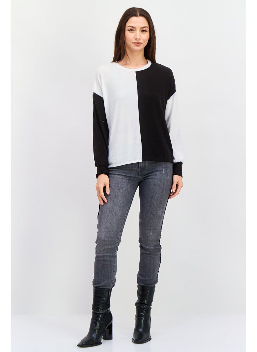Aqua - Women Crew Neck Long Sleeves Colorblock Sweatshirt, Black - Image 1