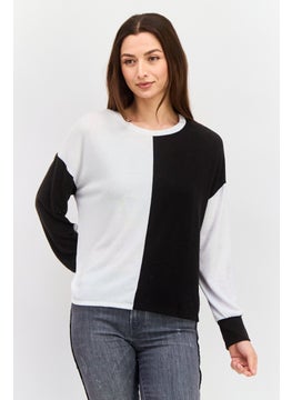 Women Crew Neck Long Sleeves Colorblock Sweatshirt, Black