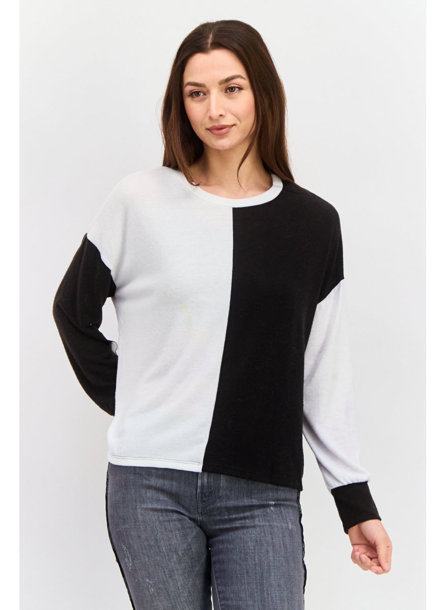 Aqua - Women Crew Neck Long Sleeves Colorblock Sweatshirt, Black - Image 1