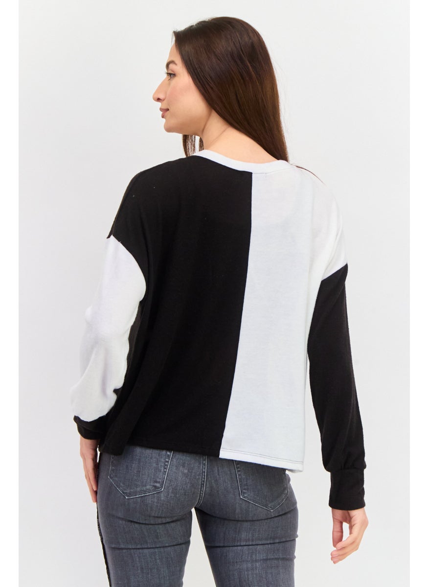 Aqua - Women Crew Neck Long Sleeves Colorblock Sweatshirt, Black - Image 1