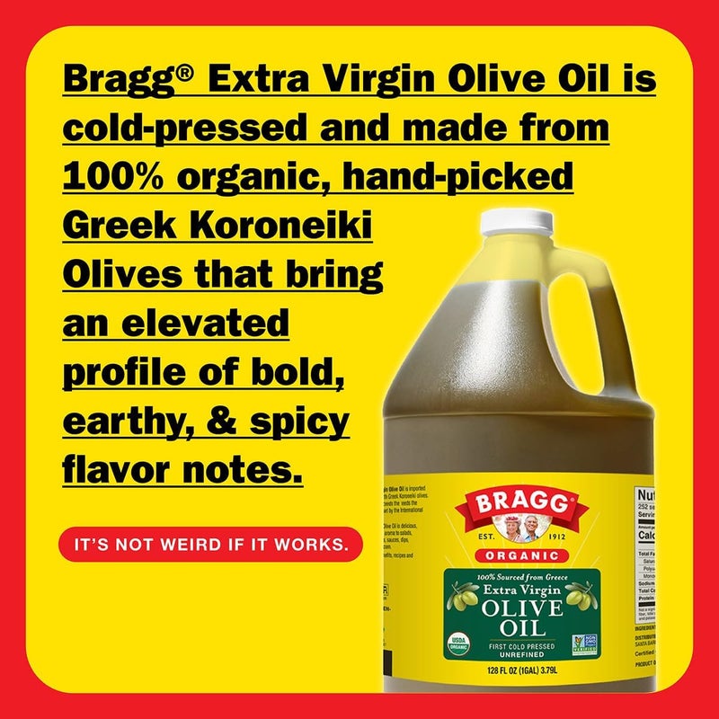 Bragg Organic Extra Virgin Olive Oil - 1 Gallon of Cold Pressed EVOO from Greek Koroneiki Olives - USDA Certified, Non-GMO, Kosher - Image 3