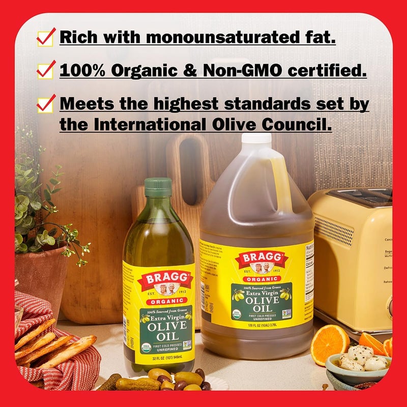 Bragg Organic Extra Virgin Olive Oil - 1 Gallon of Cold Pressed EVOO from Greek Koroneiki Olives - USDA Certified, Non-GMO, Kosher - Image 4