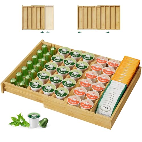 EsLuker.ly Bamboo Coffee Pod K Cup Holder Organizer for Drawer Insert Counter, Expandable Coffee Tea Storage Tray Compatible with Nespresso Vertuo Capsules - Easy Access for Office Home Kitchen - Image 1