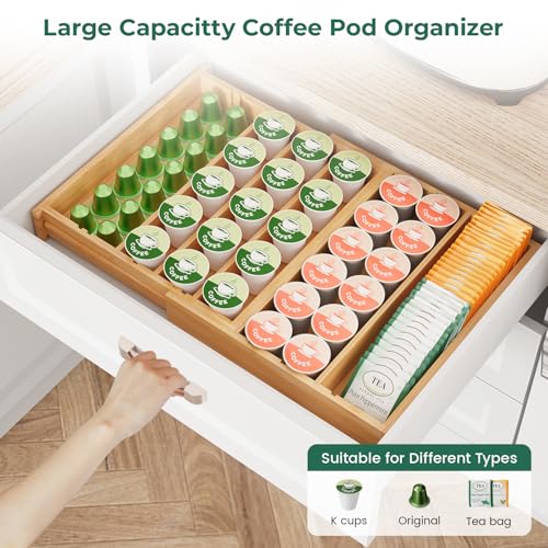 EsLuker.ly Bamboo Coffee Pod K Cup Holder Organizer for Drawer Insert Counter, Expandable Coffee Tea Storage Tray Compatible with Nespresso Vertuo Capsules - Easy Access for Office Home Kitchen - Image 5