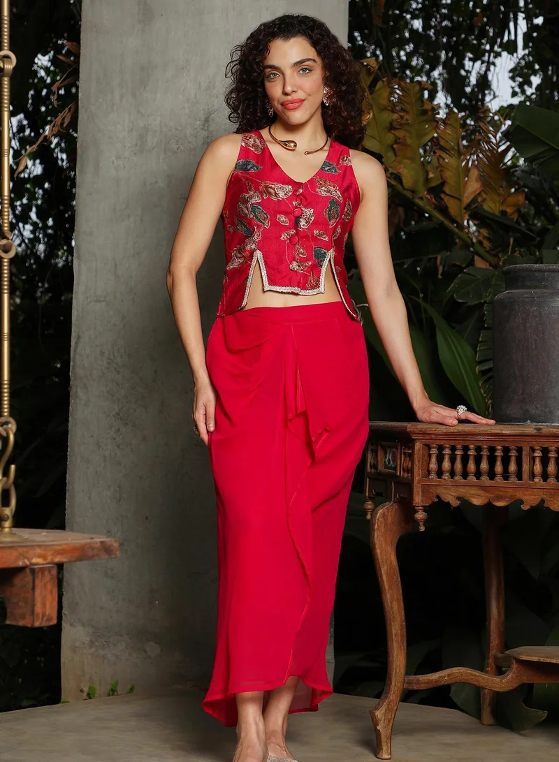QISSA Women's Crimson Red Ethereal Blossom Co-Ord Set