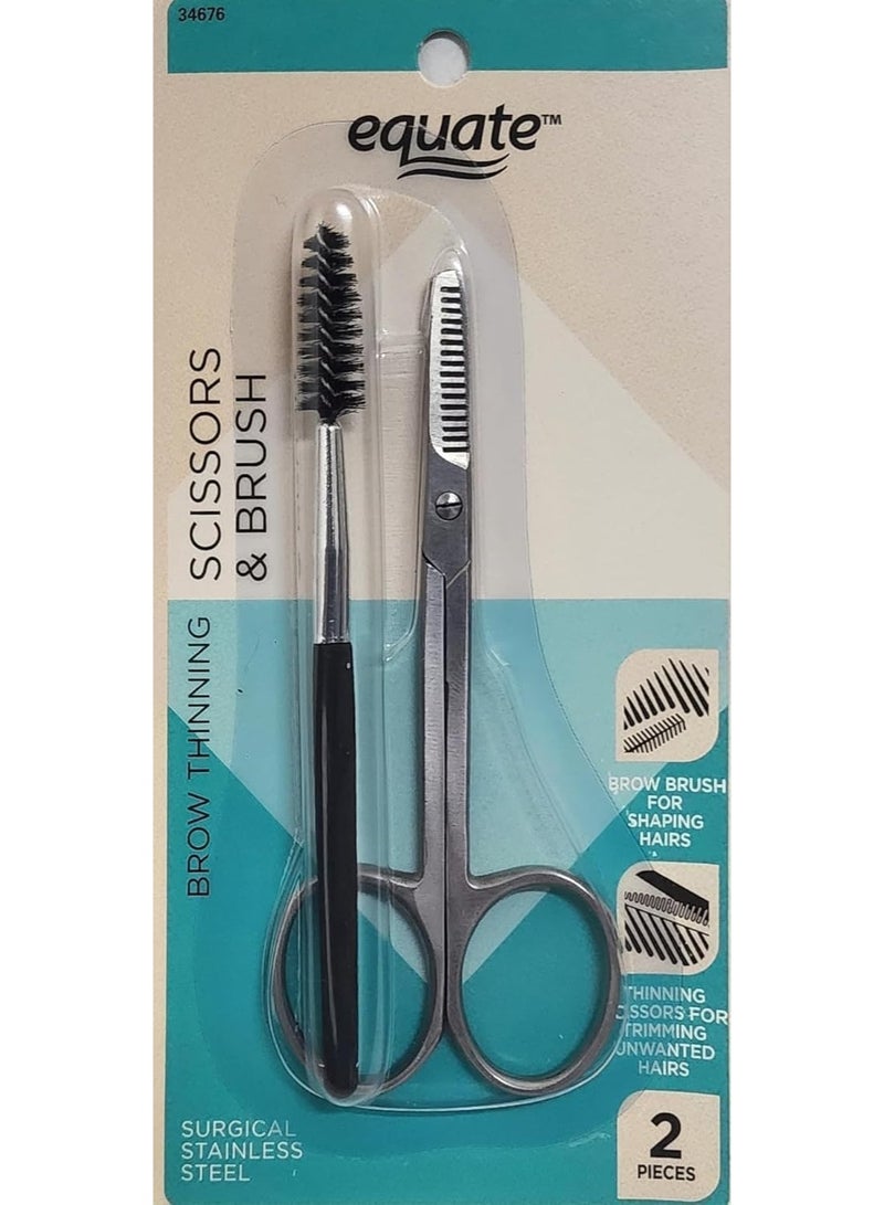 Equate Scissors and Brush - Brow Thinning - Precision Handcrafted - Surgical Stainless Steel - Thinning Blade - Larger Finger Holes - Eyebrow Brush