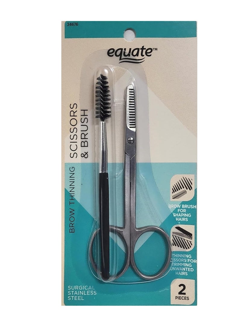 Equate Scissors and Brush - Brow Thinning - Precision Handcrafted - Surgical Stainless Steel - Thinning Blade - Larger Finger Holes - Eyebrow Brush  - Image 1