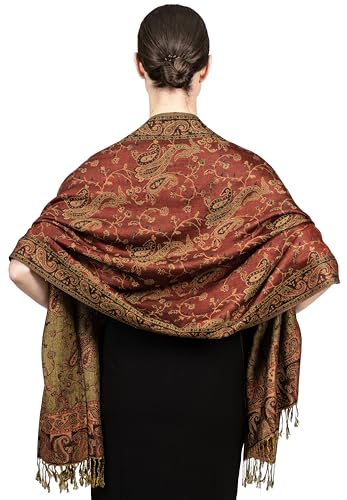 Achillea Soft Silky Reversible Paisley Pashmina Shawl Wrap Scarf w/Fringes (Rust Red) - Image 4