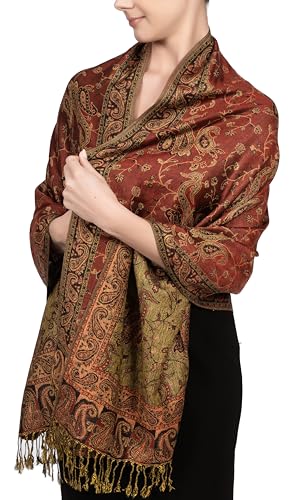 Achillea Soft Silky Reversible Paisley Pashmina Shawl Wrap Scarf w/Fringes (Rust Red) - Image 3