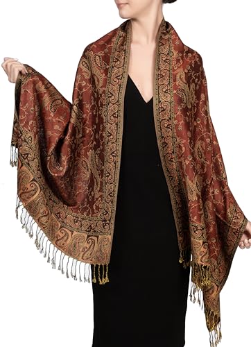 Achillea Soft Silky Reversible Paisley Pashmina Shawl Wrap Scarf w/Fringes (Rust Red) - Image 1