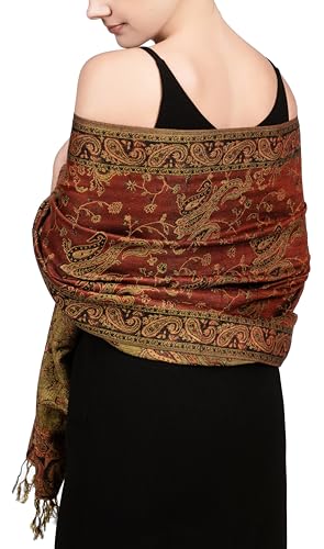 Achillea Soft Silky Reversible Paisley Pashmina Shawl Wrap Scarf w/Fringes (Rust Red) - Image 2