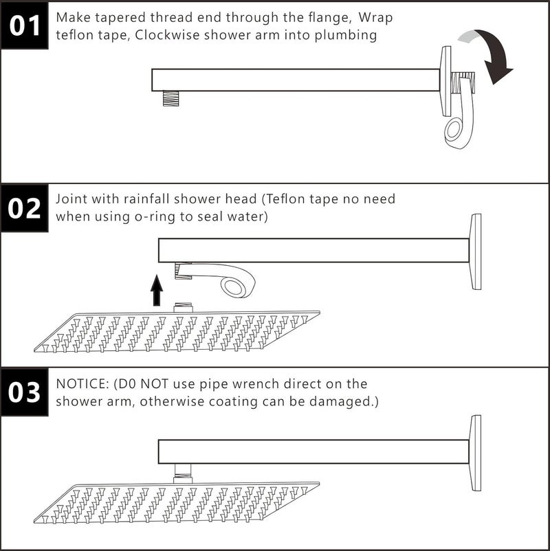 Voolan 20“ Square Shower Arm with Flange and Teflon Tape, Extension Shower Head Arm for Bathroom Fixed Shower Head, Solid Stainless Steel, Wall Mounted (Black) - Image 5