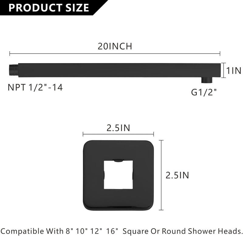 Voolan 20“ Square Shower Arm with Flange and Teflon Tape, Extension Shower Head Arm for Bathroom Fixed Shower Head, Solid Stainless Steel, Wall Mounted (Black) - Image 3