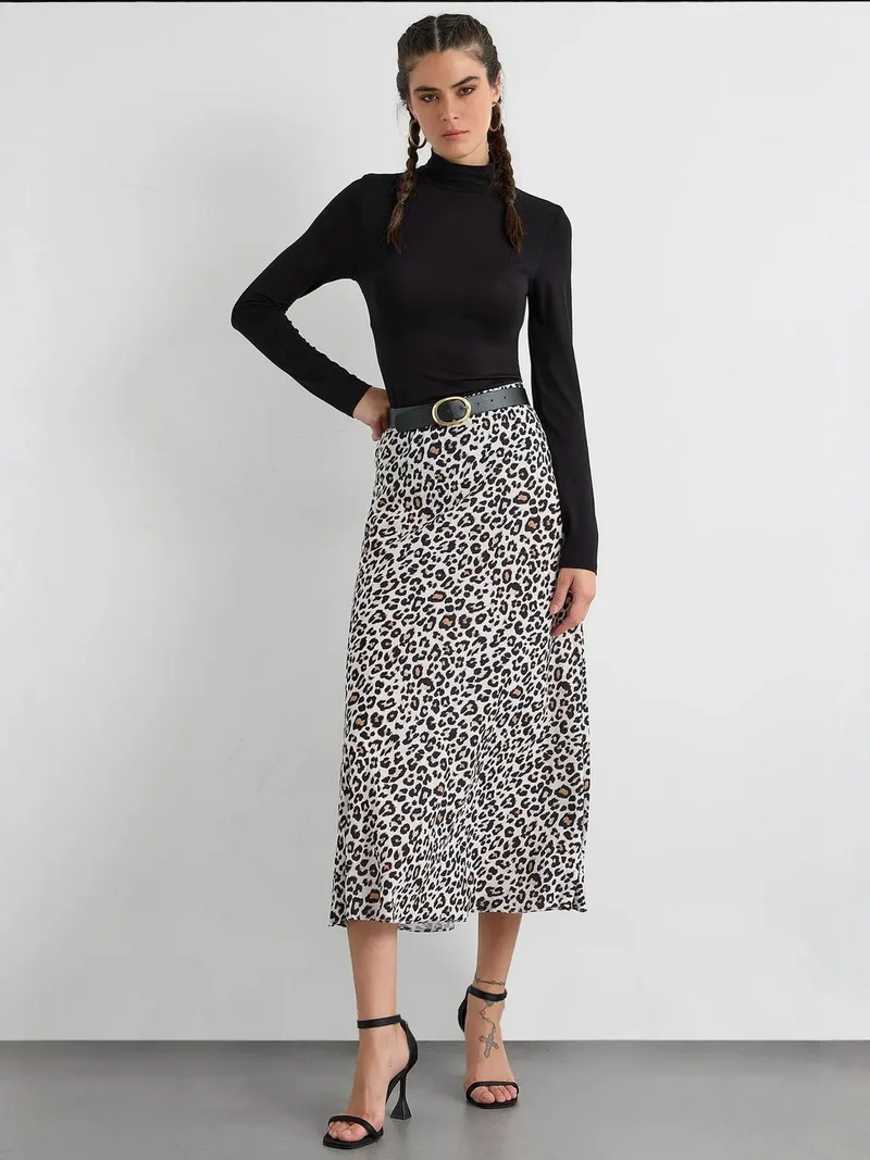 HICCUP Animal Printed Elastic Waist Midi Skirt