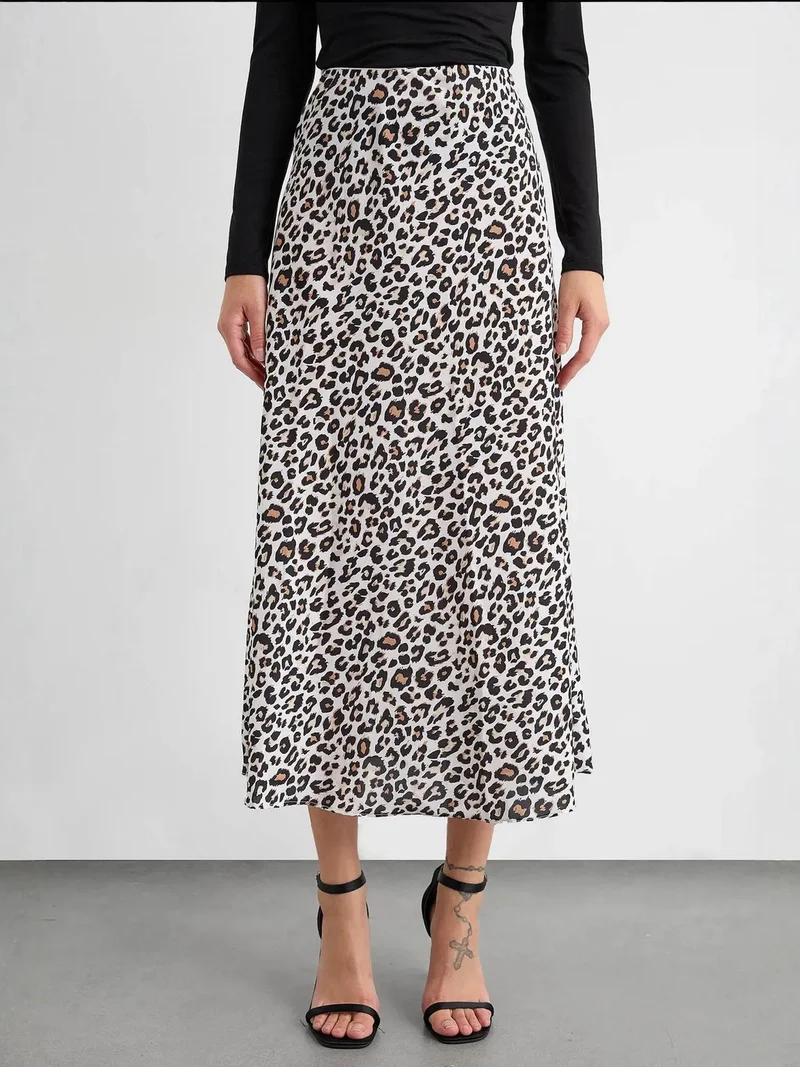 HICCUP Animal Printed Elastic Waist Midi Skirt