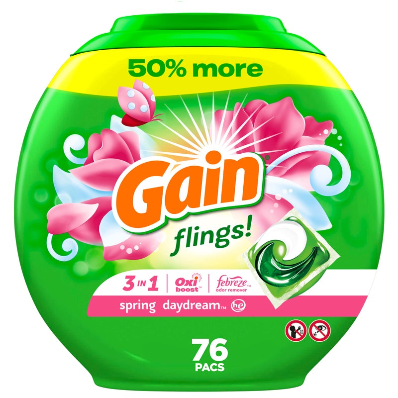 Gain flings Laundry Detergent Soap Pacs HE Compatible 76 Count Long Lasting Scent Spring Daydream Scent