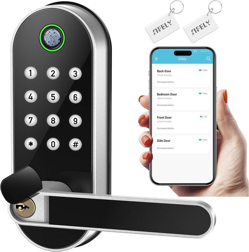 Sifely Fingerprint Smart Door Lock with Handle & Keypad – No More Lost Keys, Keyless Entry & Remote Access for Home, Kids, Airbnb & Rental Property, DIY Install, Alexa & Google Compatible - Image 1
