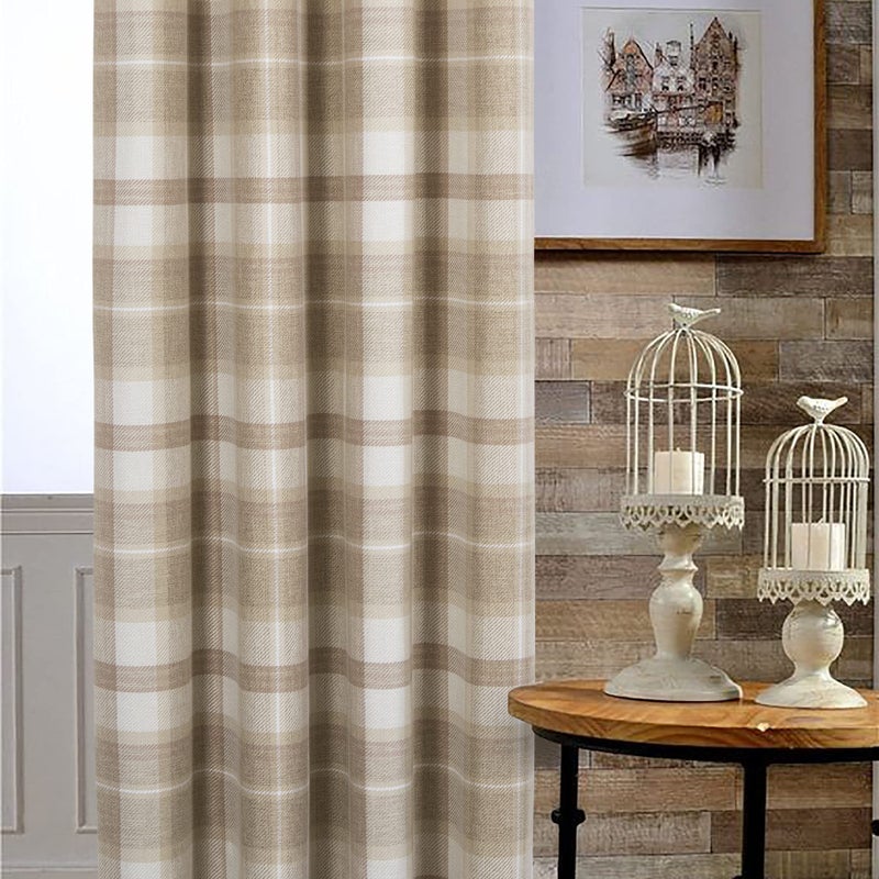 always4u Plaid Curtains for Bedroom Living Room 100% Blackout Thermal Energy Saving Woolen Look Grommet Curtains 95 Inch Length 2 Panels Beige - Image 3