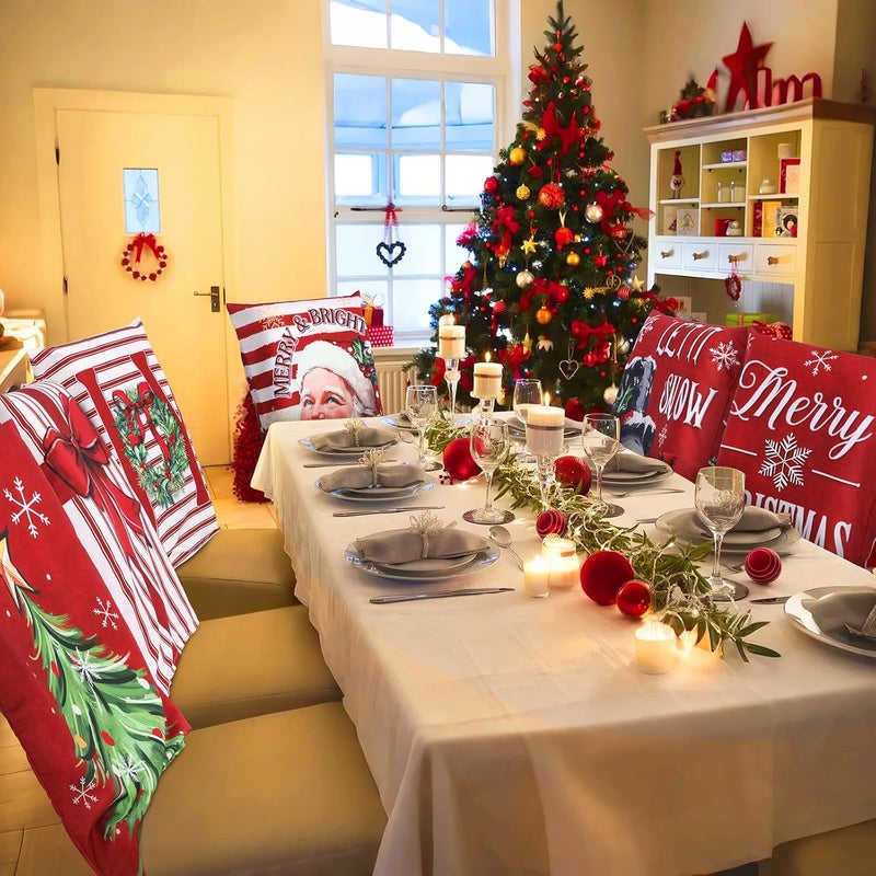 FuWeave 6 Pcs Christmas Chair Covers Winter Chair Back Covers Xmas Tree Snowman Let It Snow Protector Slipcovers Washable Red White Stripe Dining Seat for Home Hotel Kitchen Decor - Image 2