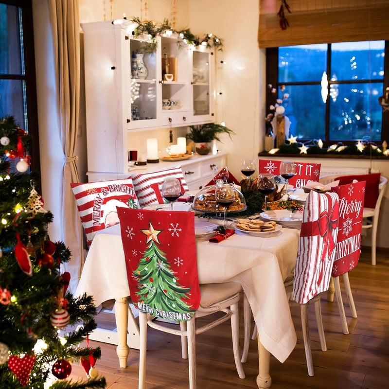 FuWeave 6 Pcs Christmas Chair Covers Winter Chair Back Covers Xmas Tree Snowman Let It Snow Protector Slipcovers Washable Red White Stripe Dining Seat for Home Hotel Kitchen Decor - Image 5