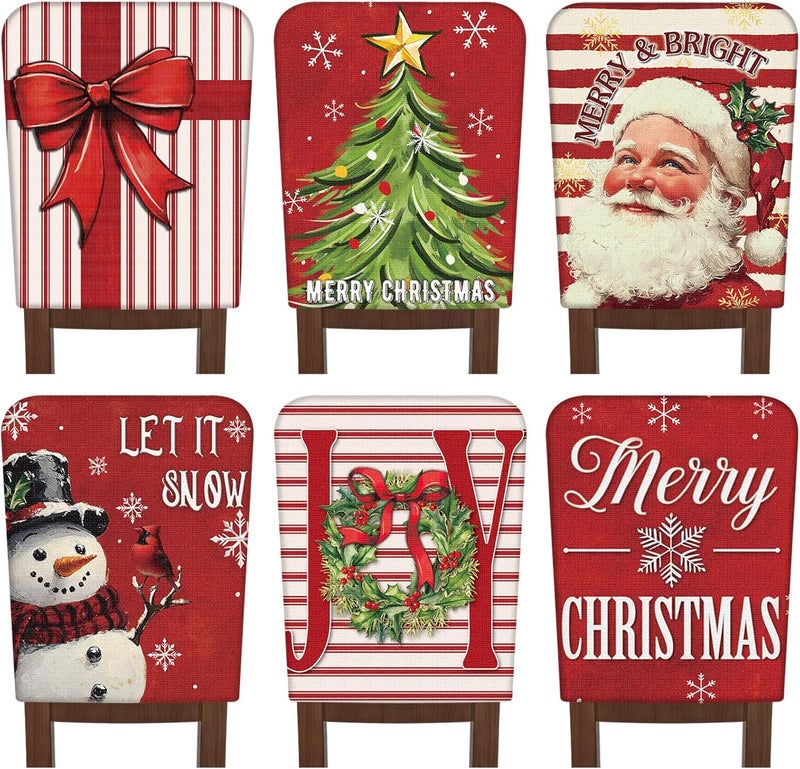 FuWeave 6 Pcs Christmas Chair Covers Winter Chair Back Covers Xmas Tree Snowman Let It Snow Protector Slipcovers Washable Red White Stripe Dining Seat for Home Hotel Kitchen Decor - Image 1