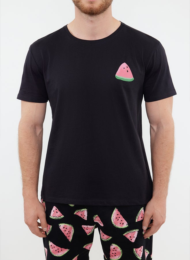 trendyol Black Couple Regular Fit Watermelon Patterned 100% Cotton Shorts Pajama Set TMNSS24PT00050 - Image 3