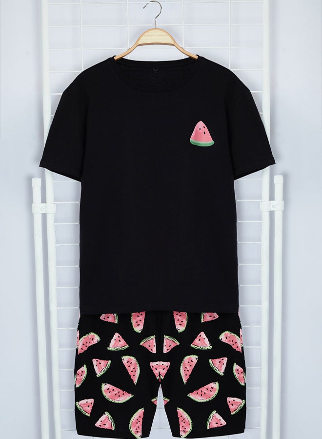 trendyol Black Couple Regular Fit Watermelon Patterned 100% Cotton Shorts Pajama Set TMNSS24PT00050 - Image 5