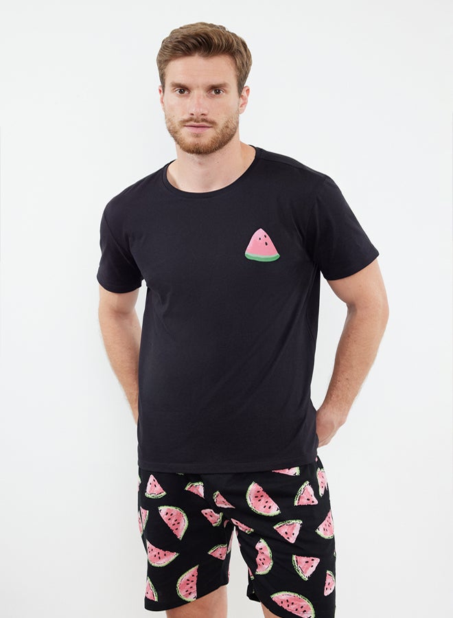 trendyol Black Couple Regular Fit Watermelon Patterned 100% Cotton Shorts Pajama Set TMNSS24PT00050 - Image 2