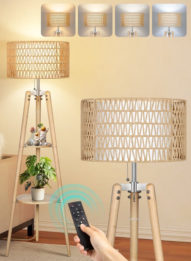 OUTON Wood Tripod Floor Lamp with Rattan & Linen Double Shades, Dimmable & Adjustable Color Temperature, Farmhouse Standing Lamp with Remote, Boho Floor Lamp with Shelves for Living Room, Bedroom - Image 1