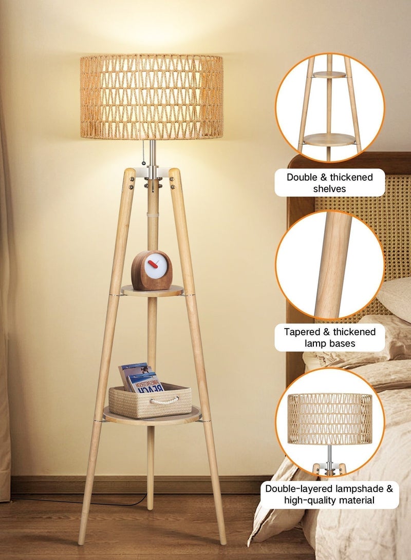 OUTON Wood Tripod Floor Lamp with Rattan & Linen Double Shades, Dimmable & Adjustable Color Temperature, Farmhouse Standing Lamp with Remote, Boho Floor Lamp with Shelves for Living Room, Bedroom - Image 5