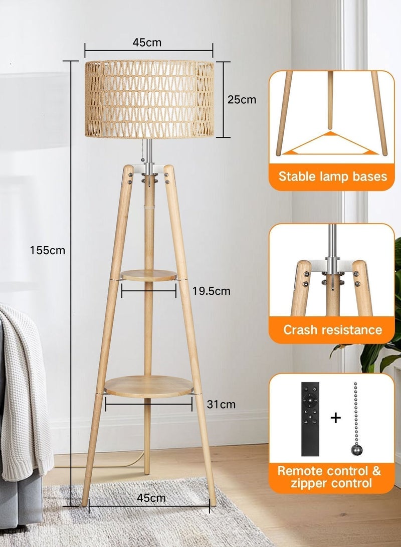 OUTON Wood Tripod Floor Lamp with Rattan & Linen Double Shades, Dimmable & Adjustable Color Temperature, Farmhouse Standing Lamp with Remote, Boho Floor Lamp with Shelves for Living Room, Bedroom - Image 4
