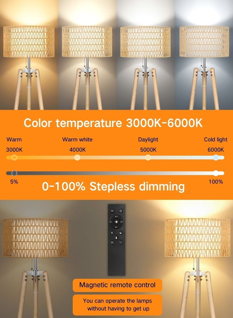 OUTON Wood Tripod Floor Lamp with Rattan & Linen Double Shades, Dimmable & Adjustable Color Temperature, Farmhouse Standing Lamp with Remote, Boho Floor Lamp with Shelves for Living Room, Bedroom - Image 2