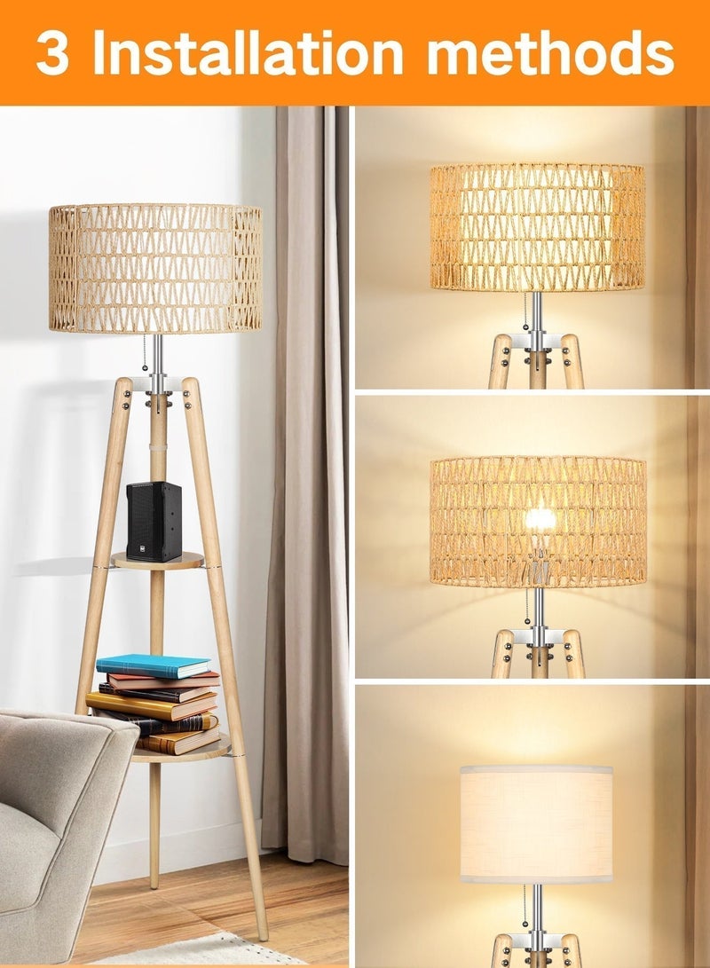 OUTON Wood Tripod Floor Lamp with Rattan & Linen Double Shades, Dimmable & Adjustable Color Temperature, Farmhouse Standing Lamp with Remote, Boho Floor Lamp with Shelves for Living Room, Bedroom - Image 3