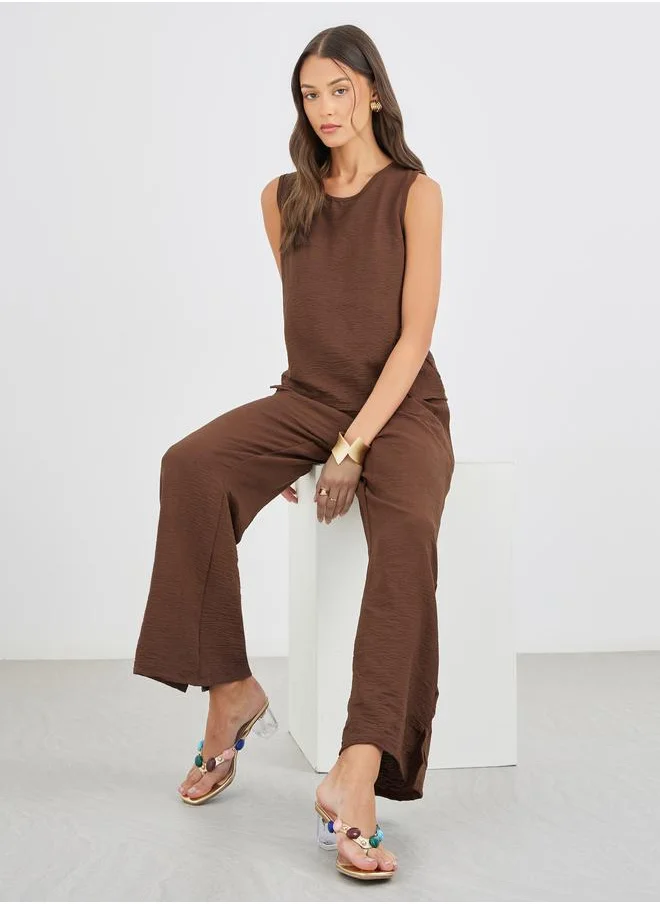 ستايلي Styli Solid Sleeveless Top and Wide Leg Pants Co-Ords