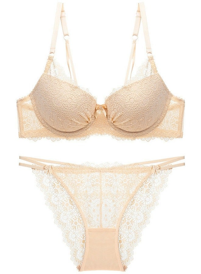 Loquat Breathable Solid Color Lace Bra And Panty Set Beige