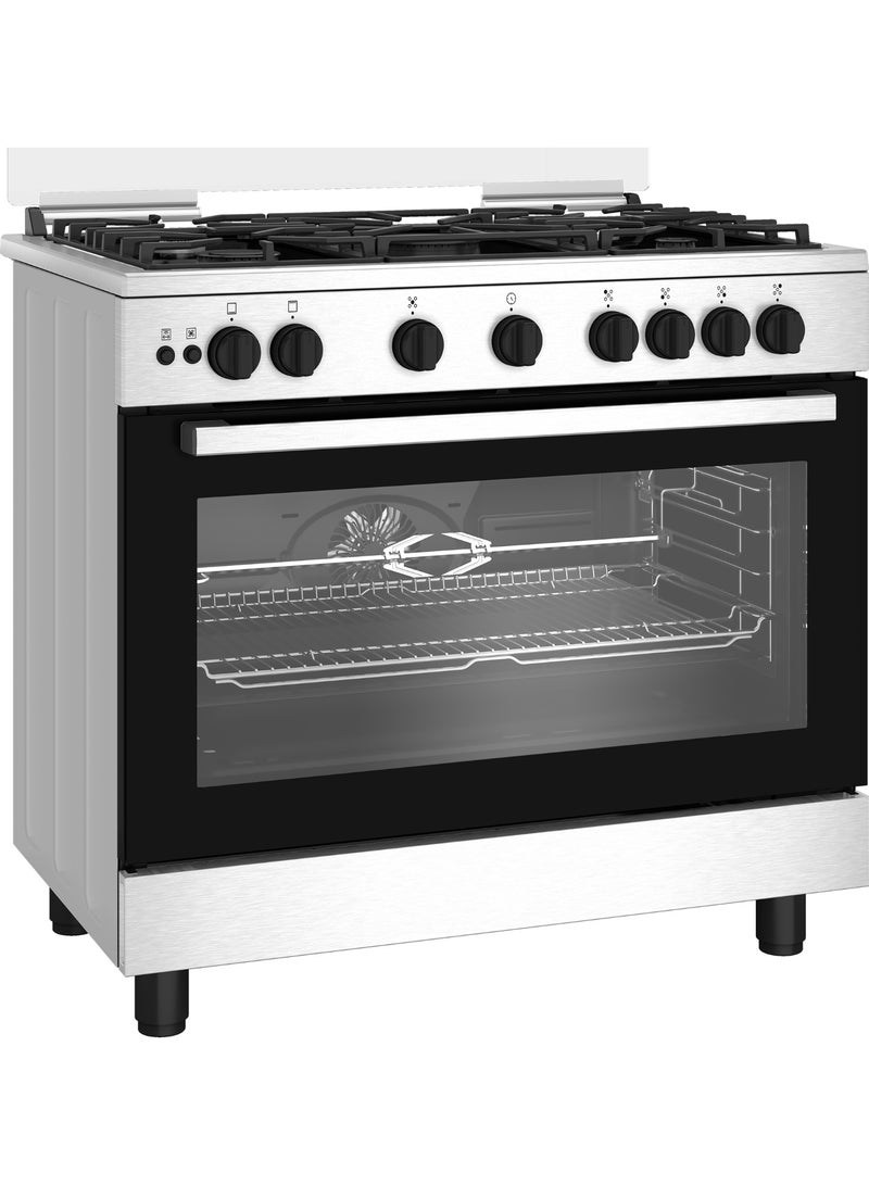 Beko 90 cm Freestanding Gas Cooker - 5 Burners - 4 Gas + Wok Burner - Cast Iron Pan Supports - Full Safety - Self Ignition - Fan Assisted Oven - Closed Door Grill - Stainless Steel - BGGR 11215 GX2 5 BGGR 11215 GX2 Silver - Black - Image 1