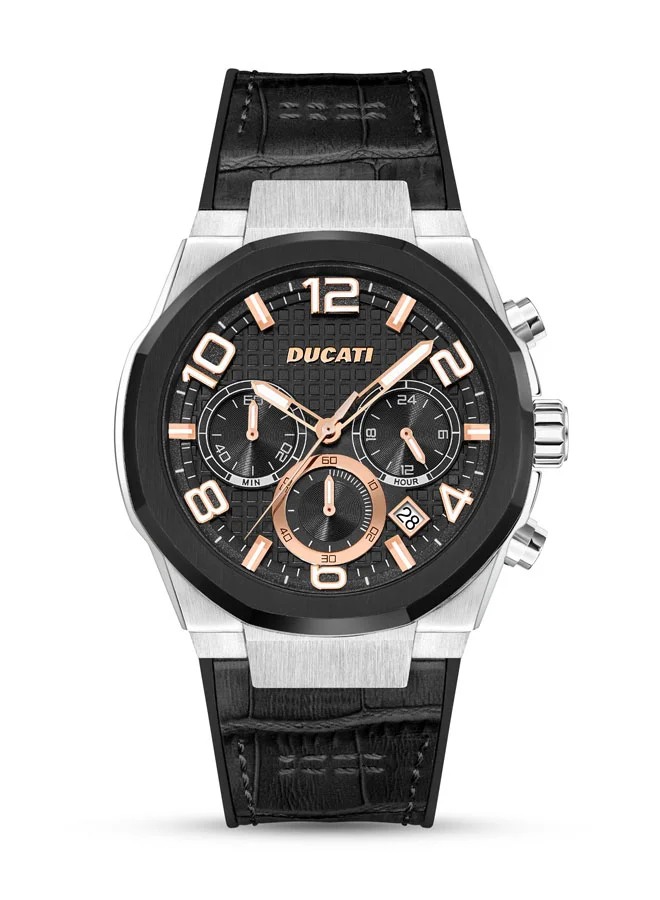 دوكاتي Ducati DT006 Chronograph Watch - 43.5MM Multi-Layered Black Dial, Black Leather Strap with Silicon Base, Water Resistant up to 50M, Bold Design for Racing Enthusiasts
