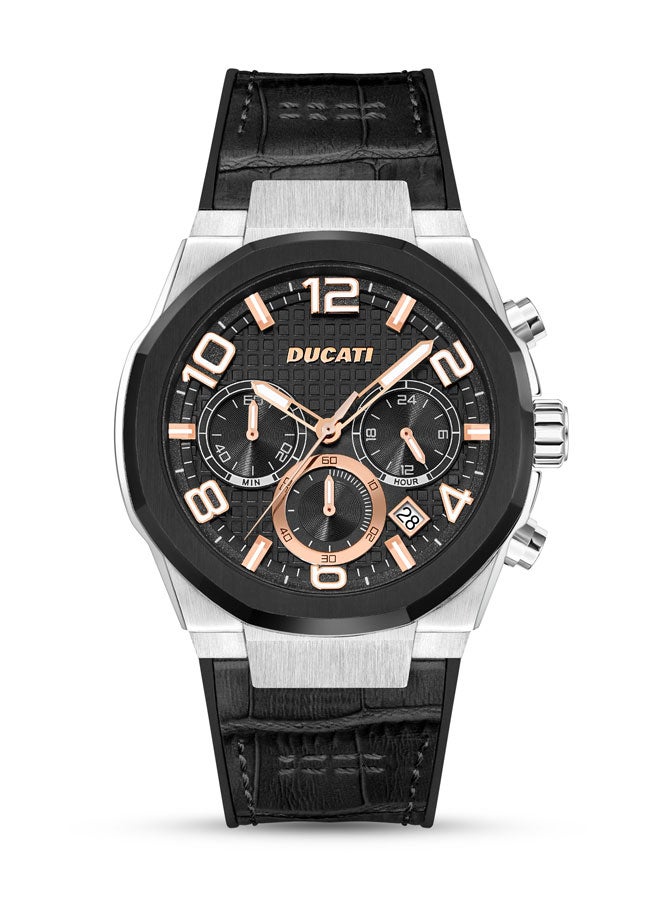 Ducati DT006 Chronograph Watch - 43.5MM Multi-Layered Black Dial, Black Leather Strap with Silicon Base, Water Resistant up to 50M, Bold Design for Racing Enthusiasts - Image 1