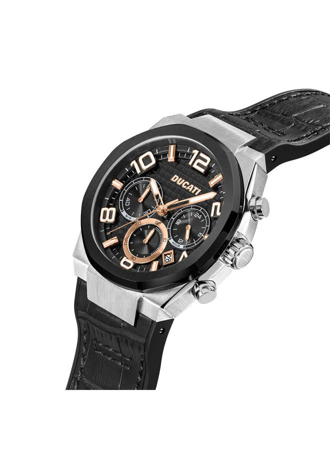 دوكاتي Ducati DT006 Chronograph Watch - 43.5MM Multi-Layered Black Dial, Black Leather Strap with Silicon Base, Water Resistant up to 50M, Bold Design for Racing Enthusiasts
