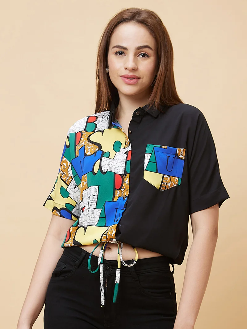 جلو باص بلوزة نسائية بياقة قميص مطبوعة بأكمام طويلة ورباط