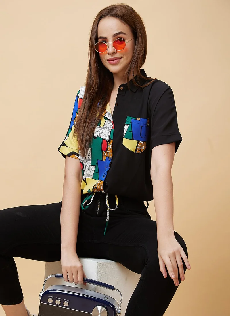 جلو باص بلوزة نسائية بياقة قميص مطبوعة بأكمام طويلة ورباط