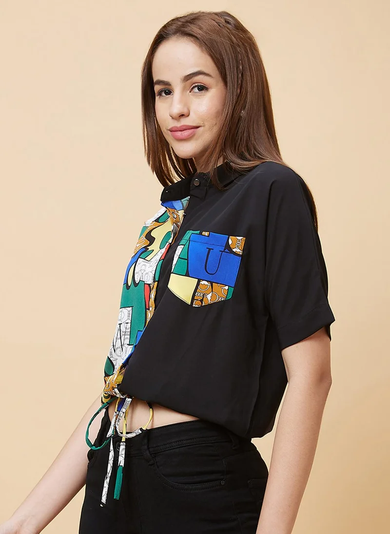 جلو باص بلوزة نسائية بياقة قميص مطبوعة بأكمام طويلة ورباط