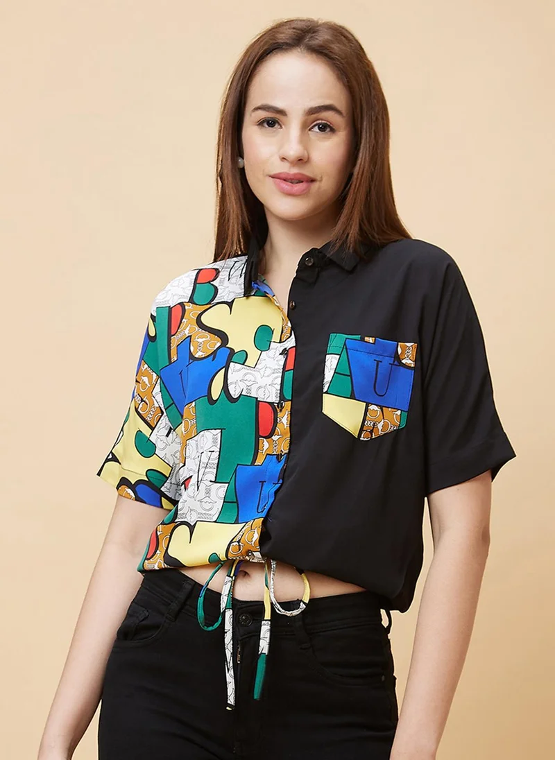 globus Globus Women Black Conversational Printed Shirt Collar Extended Sleeves Tie-Ups Shirt Style Top