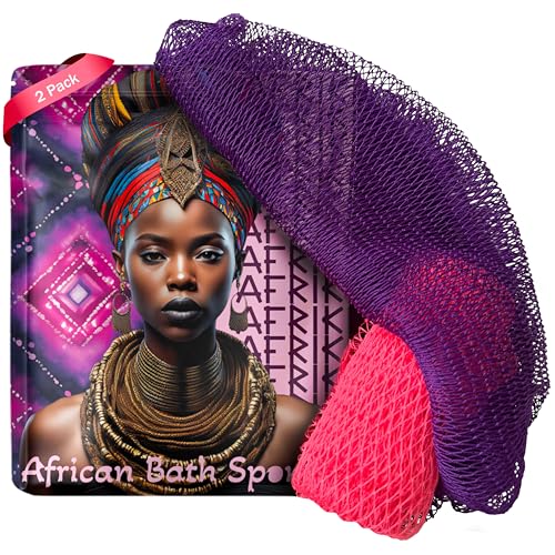 AFRIKI African Net Sponge, Premium Authentic Exfoliating Body Scrubber, Extra Long Stretch Bath Sponge for Shower, Deep Exfoliating Washcloth for Smooth Skin, 2 Pack (Pink & Purple) - Image 1