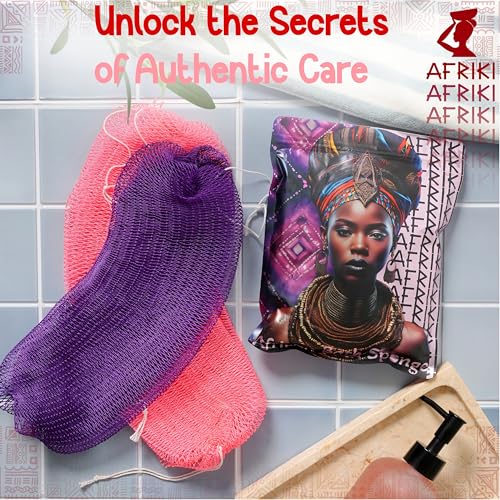 AFRIKI African Net Sponge, Premium Authentic Exfoliating Body Scrubber, Extra Long Stretch Bath Sponge for Shower, Deep Exfoliating Washcloth for Smooth Skin, 2 Pack (Pink & Purple) - Image 4